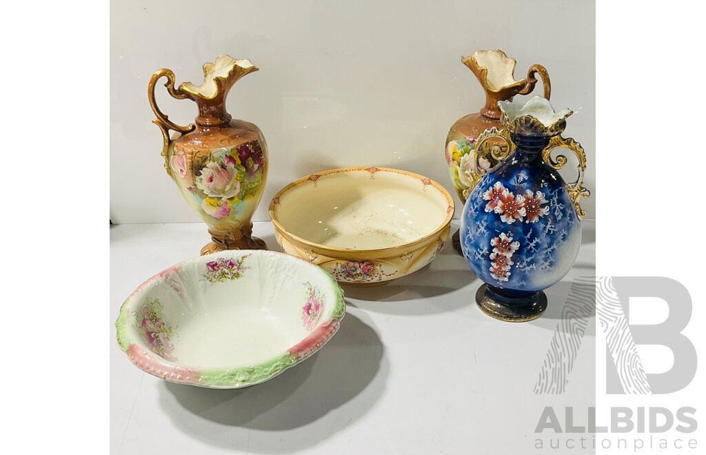 Collection of Decorative Pottery Including Large Wood&Sons Semi-porcelain Bowl, Several Decorative Plates, Pair of Painted Vases