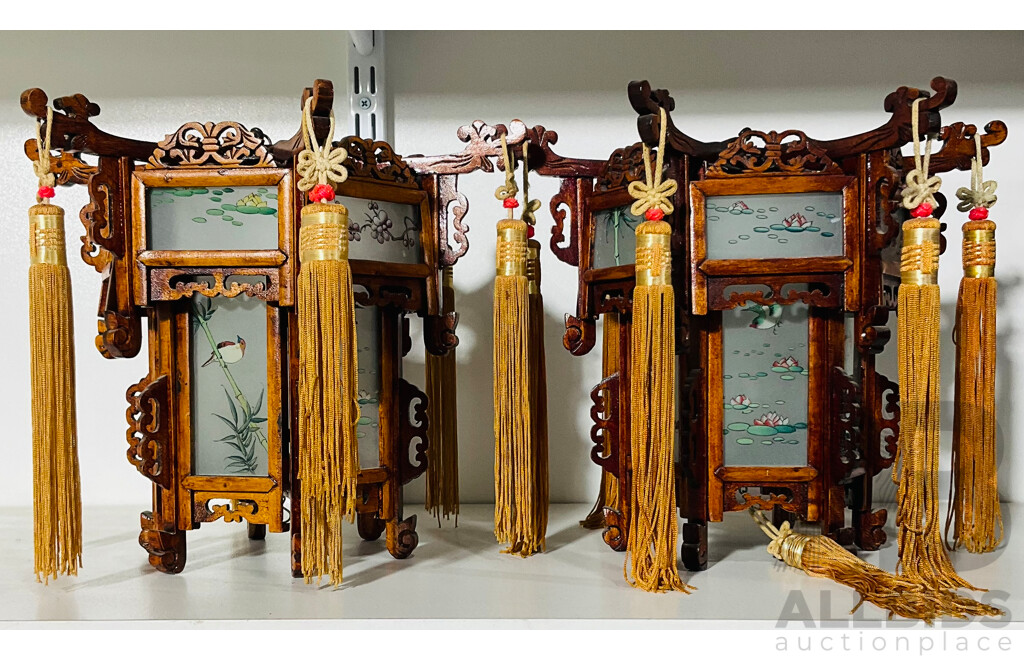 Pair of Japanese Wood and Glass Hand Decorated Lanterns