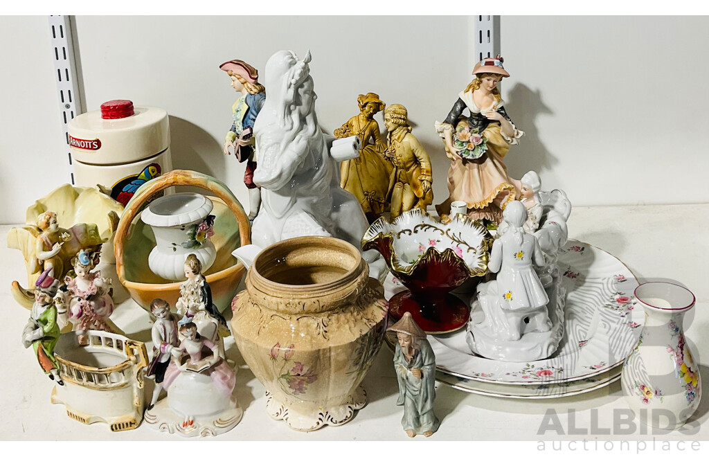 Collection of Decorative Homeware Including Arnotts Stoneware Tin, Several Porcelain Sculptures, Painted Serving Platters and More