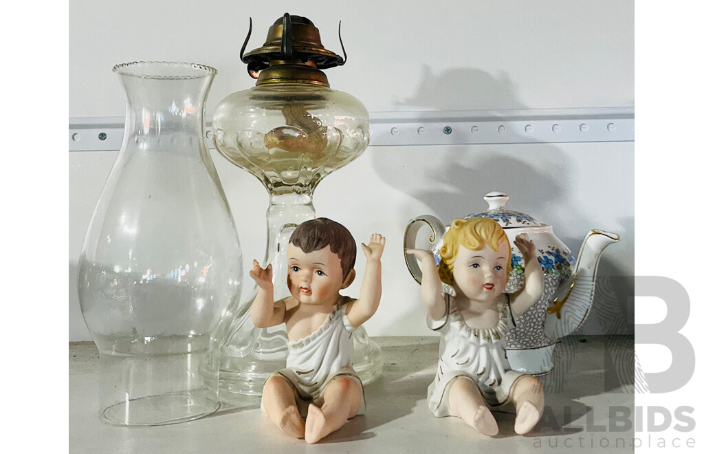 Collection of Decorative Homeware Including Glass Oil Lamp, Pair of Figures Depicting Children and Tuscan China Teapot