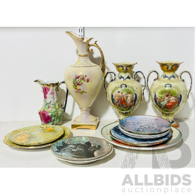 Collection of Hand Painted Porcelain Vases and Plates Depicting Flowers and Forest Scenes