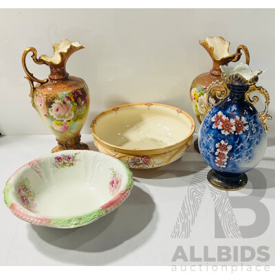 Collection of Decorative Pottery Including Large Wood&Sons Semi-porcelain Bowl, Several Decorative Plates, Pair of Painted Vases