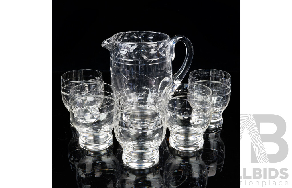 Vintage Stuart Crystal Water Pitcher and Five Matching Tumblers