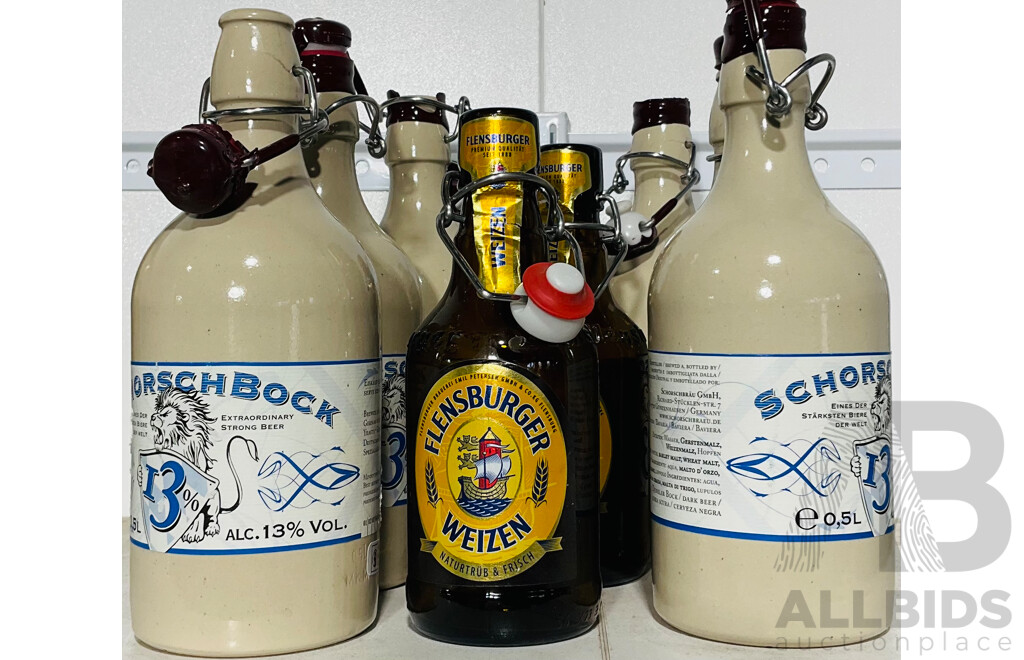 Collection of Empty Schorschbock Stoneware Bottles and Glass Flensburger Bottles