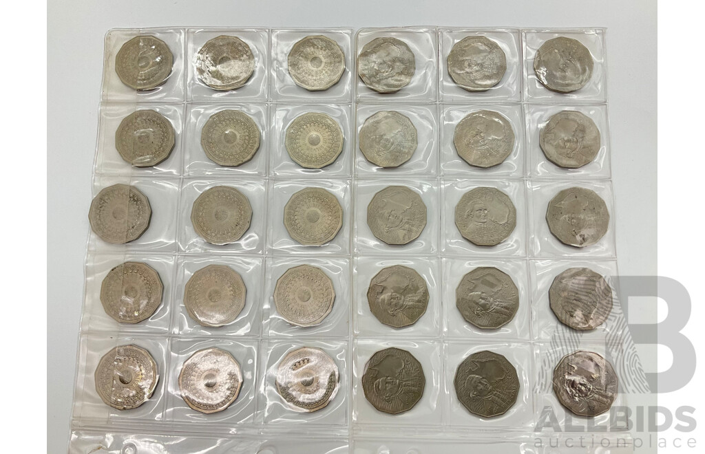 Thirty Australian 1970 and 1977 Fifty Cent Coins, Captain Cook and QE2 Silver Jubilee