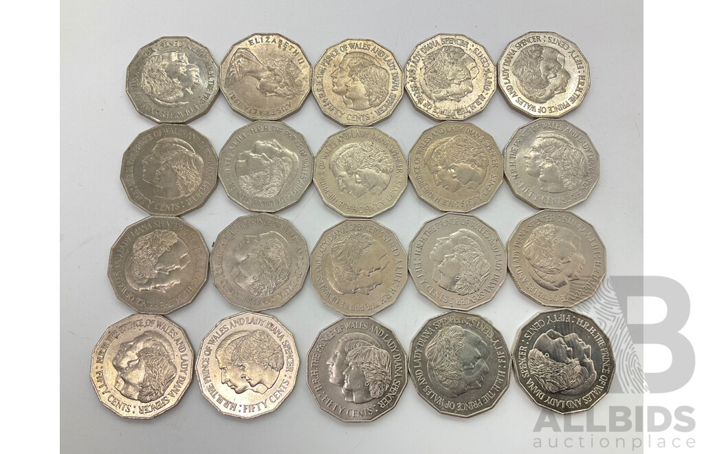 Twenty Australian 1981 Fifty Cent Coins, Charles and Diana