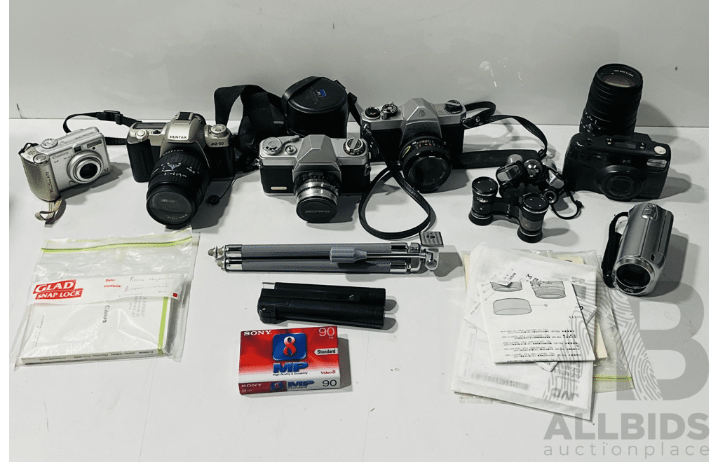 Collection of Vintage and Other Cameras and Gear Including Asahi Pentax SP 1000, Espio 928 and More