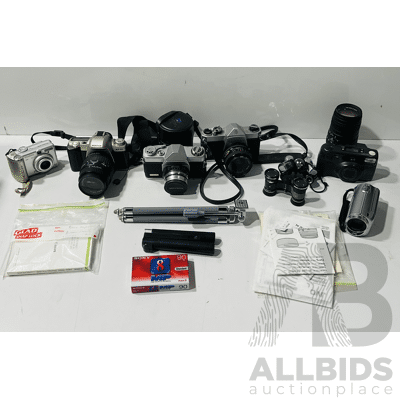 Collection of Vintage and Other Cameras and Gear Including Asahi Pentax SP 1000, Espio 928 and More