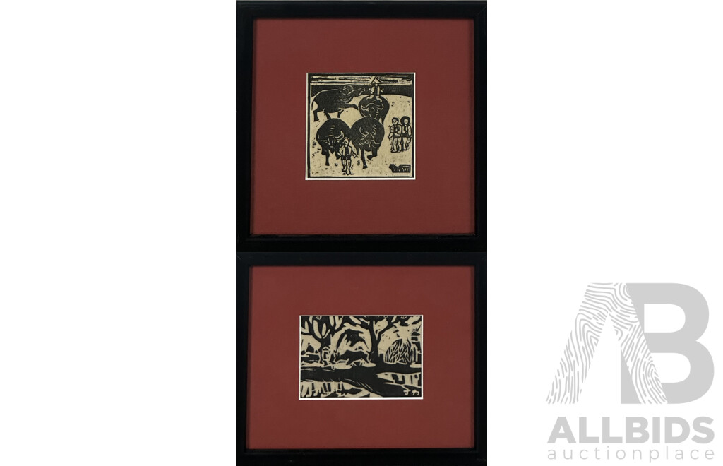 Pair of Paper Woodcut Prints, Four Bulls and Bull by a Stream (2)