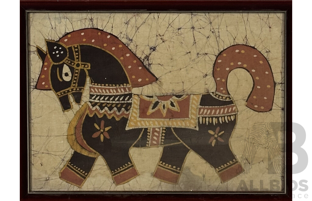 Vintage Handmade Horse, Batik on Fabric, 40 X 53 Cm