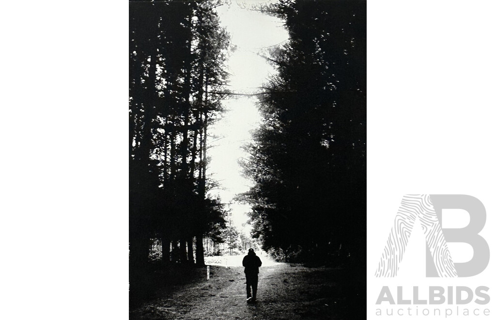 Man Walking Down Forest Path, Black and White Photo, Canvas Print, 58 x 43 cm (frame)