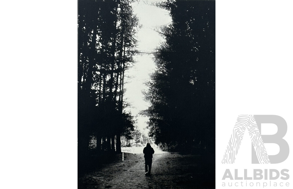 Man Walking Down Forest Path, Black and White Photo, Canvas Print, 58 x 43 cm (frame)