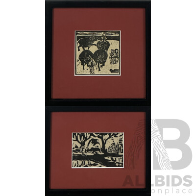 Pair of Paper Woodcut Prints, Four Bulls and Bull by a Stream (2)