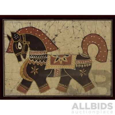 Vintage Handmade Horse, Batik on Fabric, 40 X 53 Cm