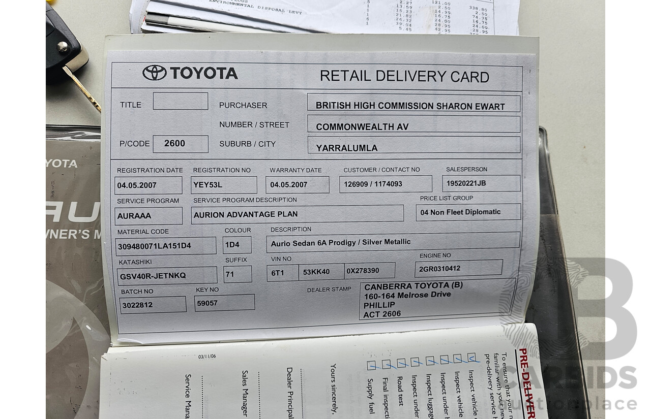 2/2007 Toyota Aurion Prodigy GSV40R 4d Sedan Silver 3.5L