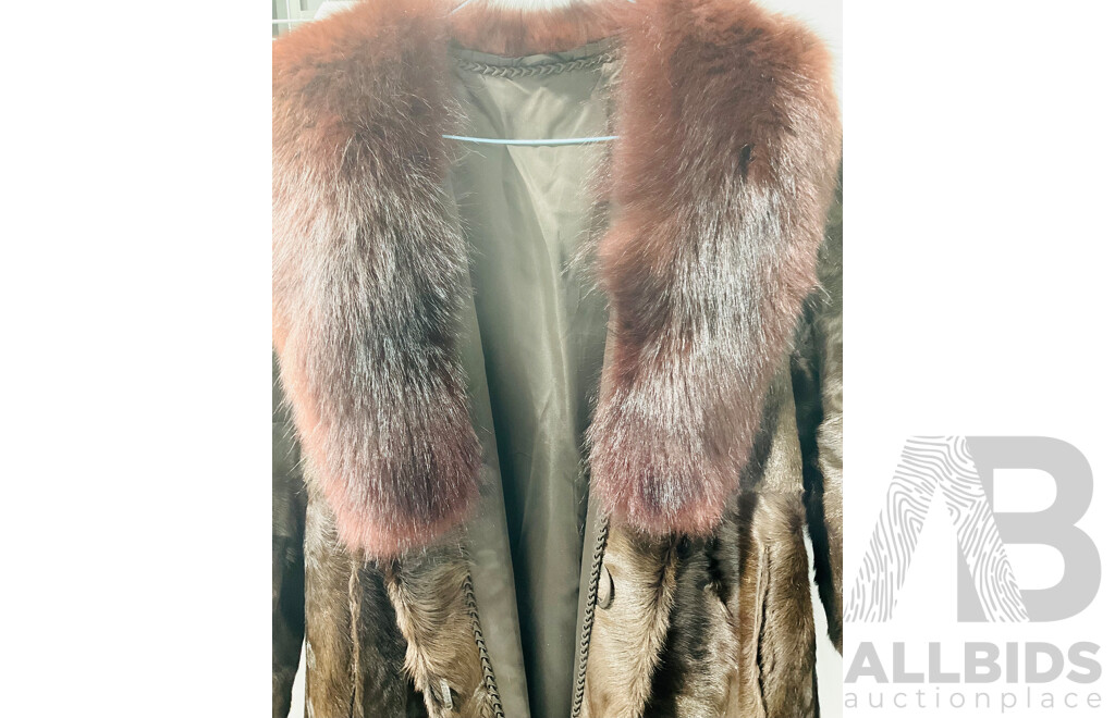 Vintage Hand Crafted Below Knee Length Fur Coat with Hidden Pockets and Closure Hooks - No Size Label Approximately a Medium