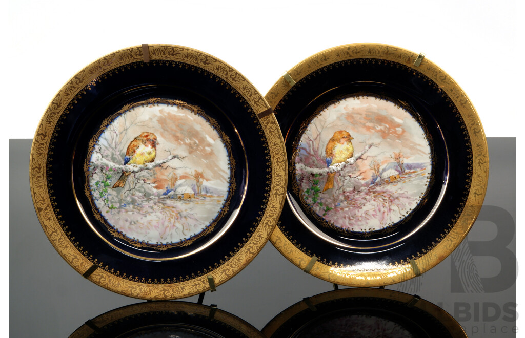 Set Two French Limoges Castel Porcelain Display Plates with 22K Gold Decoration and Wall Hangers