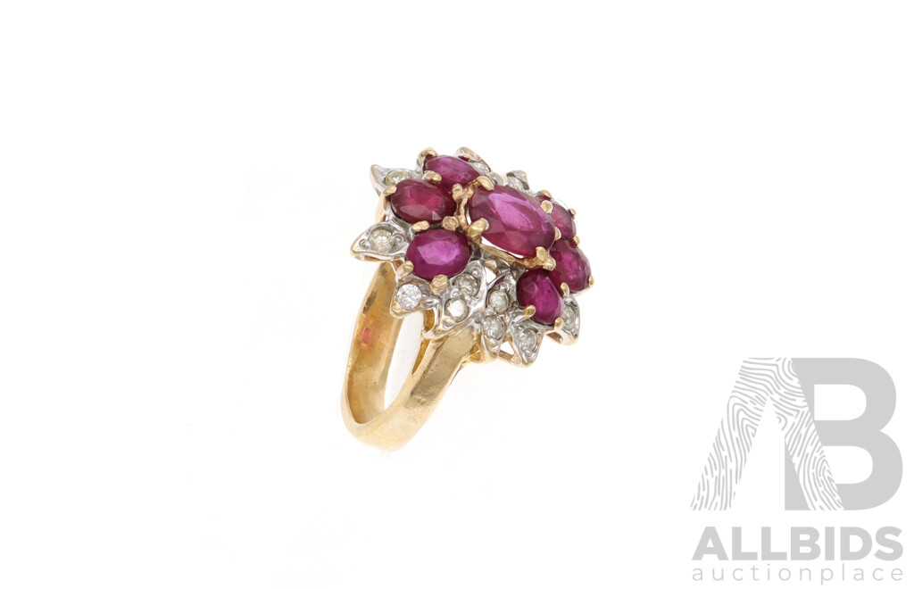 14ct Yellow Gold Burmese Ruby & Diamond Set Cluster Ring, Size M, 5.94 Grams