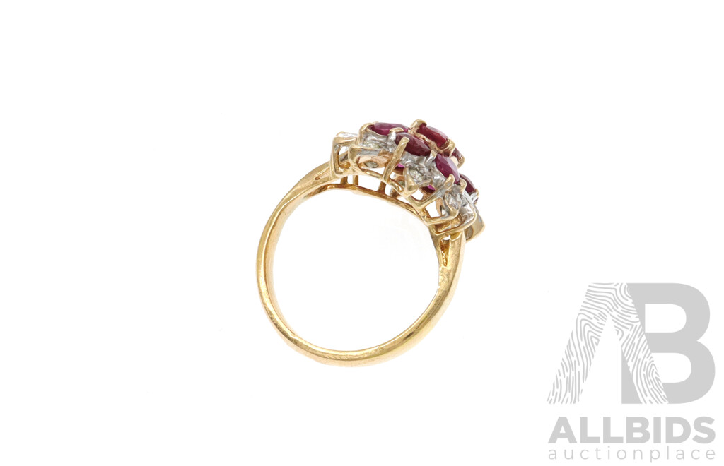 14ct Yellow Gold Burmese Ruby & Diamond Set Cluster Ring, Size M, 5.94 Grams