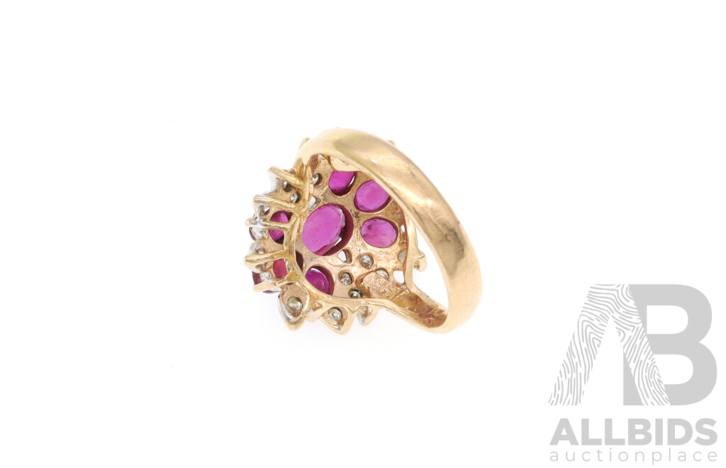 14ct Yellow Gold Burmese Ruby & Diamond Set Cluster Ring, Size M, 5.94 Grams