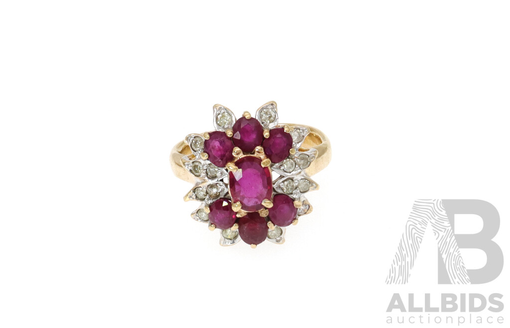 14ct Yellow Gold Burmese Ruby & Diamond Set Cluster Ring, Size M, 5.94 Grams