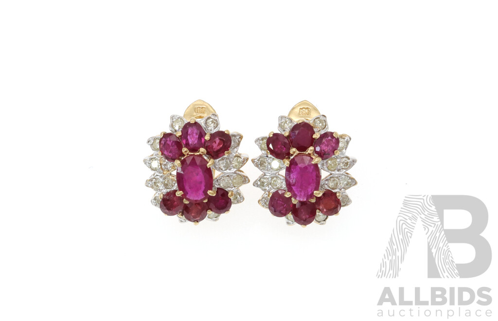 14ct Yellow Gold Burmese Ruby & Diamond Set Cluster Earrings, 16.35mm Long Studs, 7.81 Grams