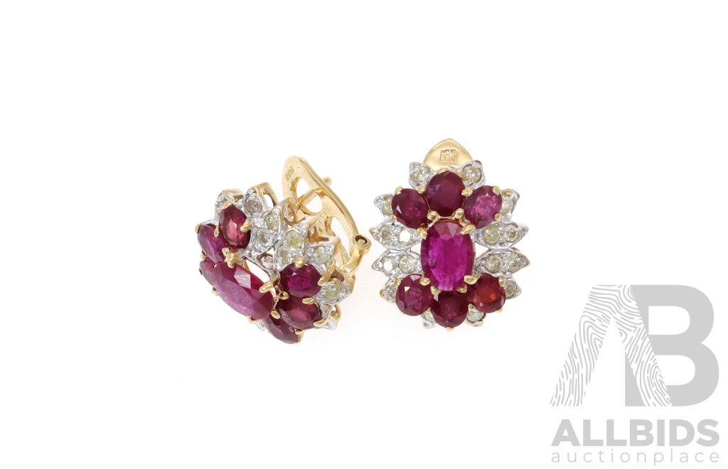 14ct Yellow Gold Burmese Ruby & Diamond Set Cluster Earrings, 16.35mm Long Studs, 7.81 Grams