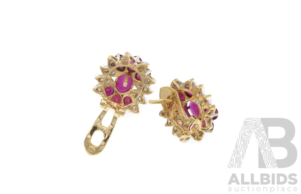 14ct Yellow Gold Burmese Ruby & Diamond Set Cluster Earrings, 16.35mm Long Studs, 7.81 Grams