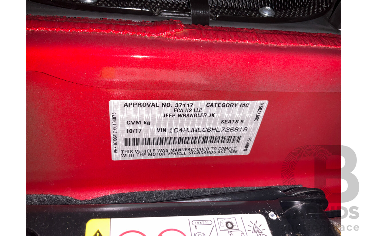 10/2017 Jeep Wrangler Unlimited Overland (4x4) JK MY17 4d Hardtop Firecracker Red V6 3.6L