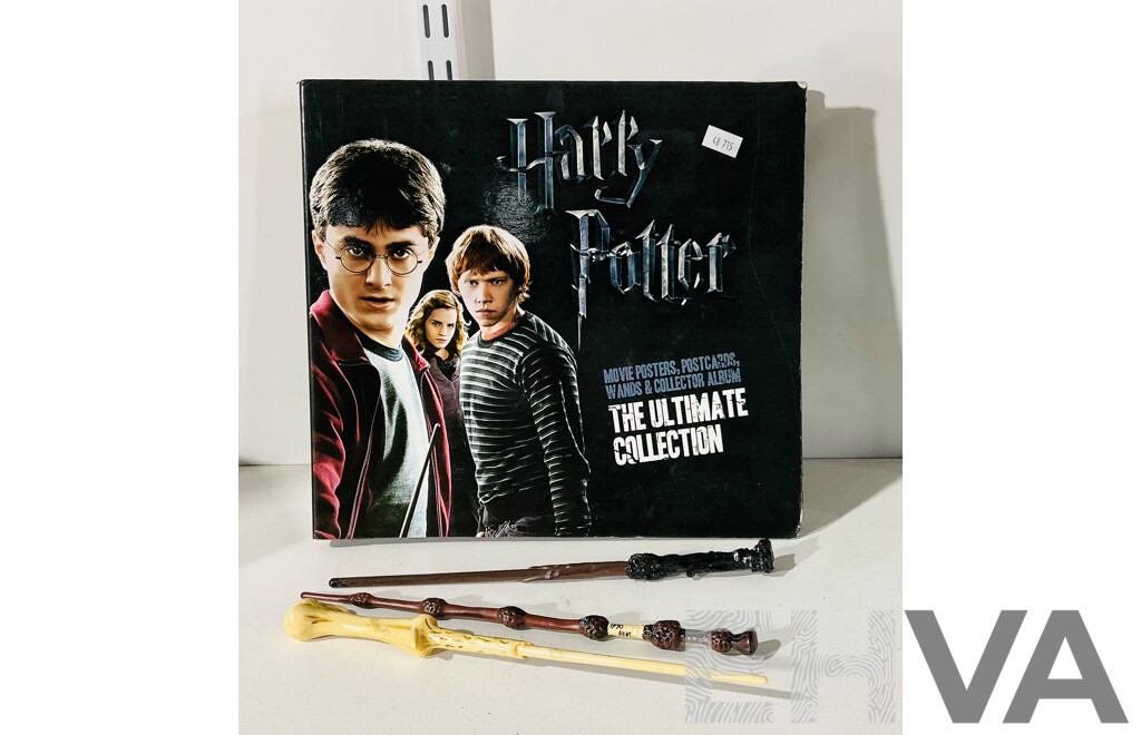 Collection of Harry Potter Merchandise Including Wands and Harry Potter: the Ultimate Collection