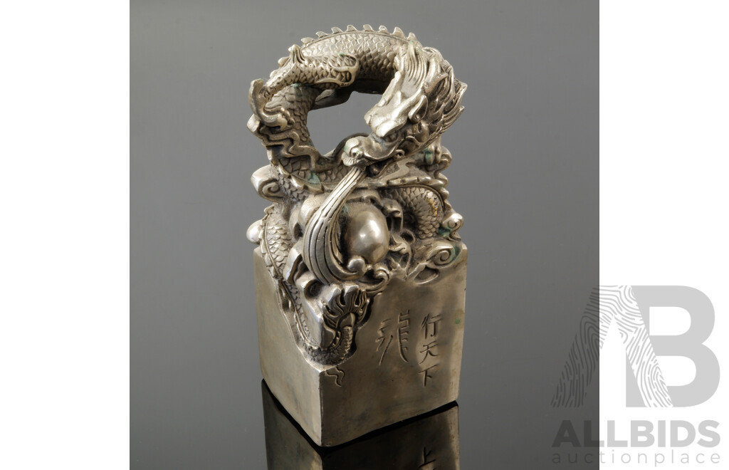 Large Chinese Silver Coloured Metal Dragon Seal