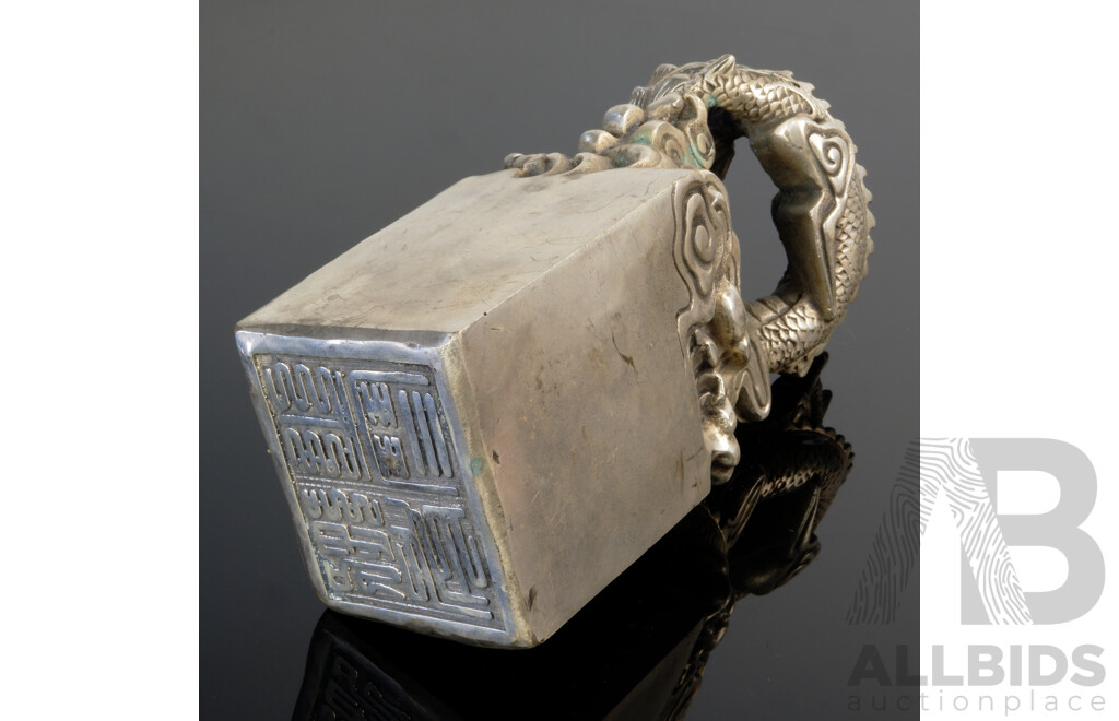 Large Chinese Silver Coloured Metal Dragon Seal