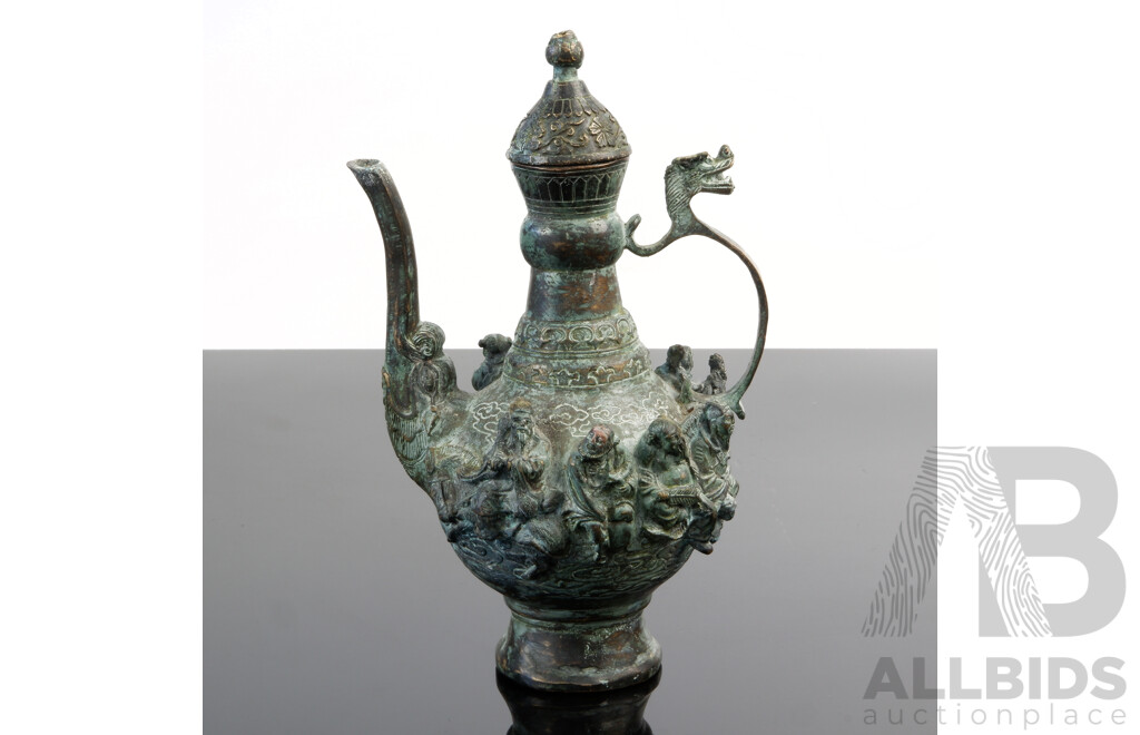 Antique Chinese Archaistic Style Bronze Pitcher with Eight Immortal Decoration