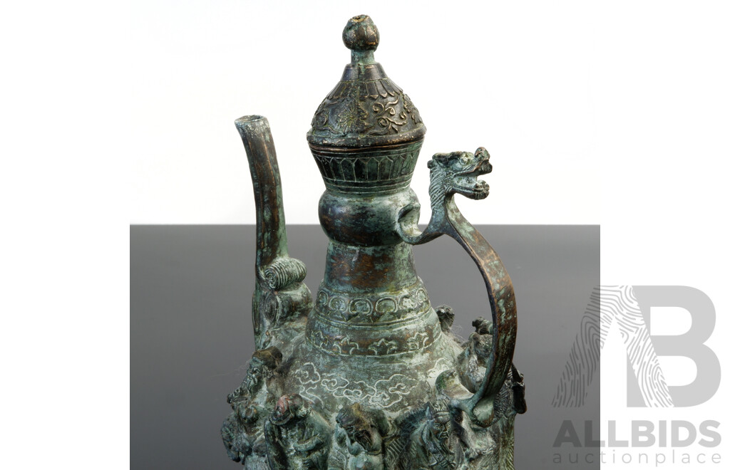 Antique Chinese Archaistic Style Bronze Pitcher with Eight Immortal Decoration