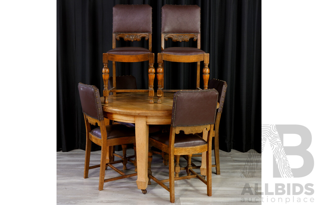 Round Edwardian Oak Seven Piece Dining Suite