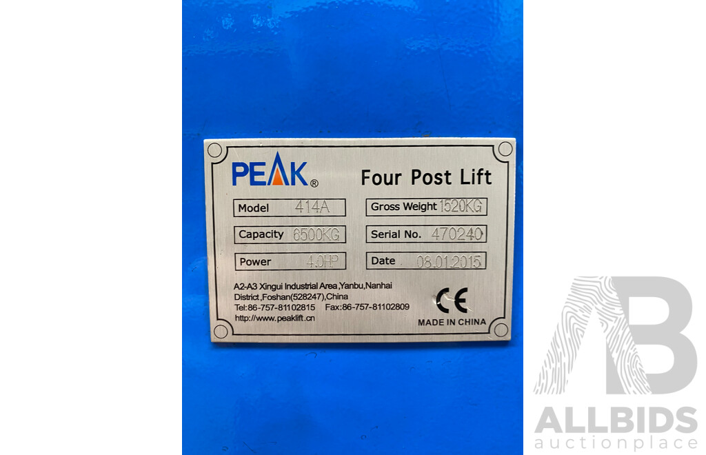 Peak Hydraulic Four Post Truck/ Car Hoist 6500kg