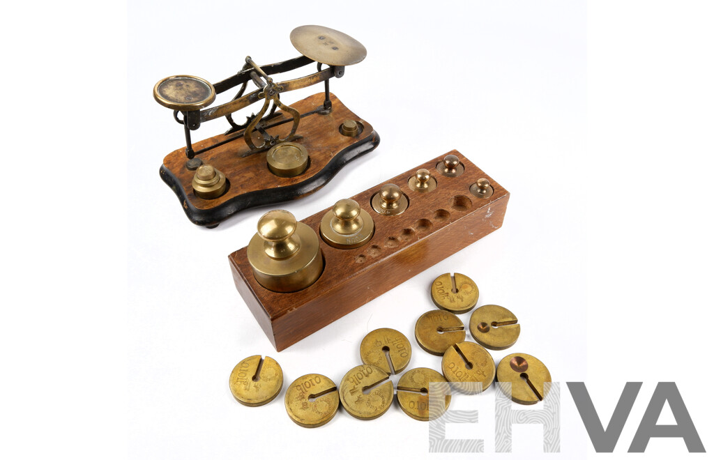 Vintage Brass Postage Scales with Good Selection of Metric and Imperial Weights Including Cussons of Manchester