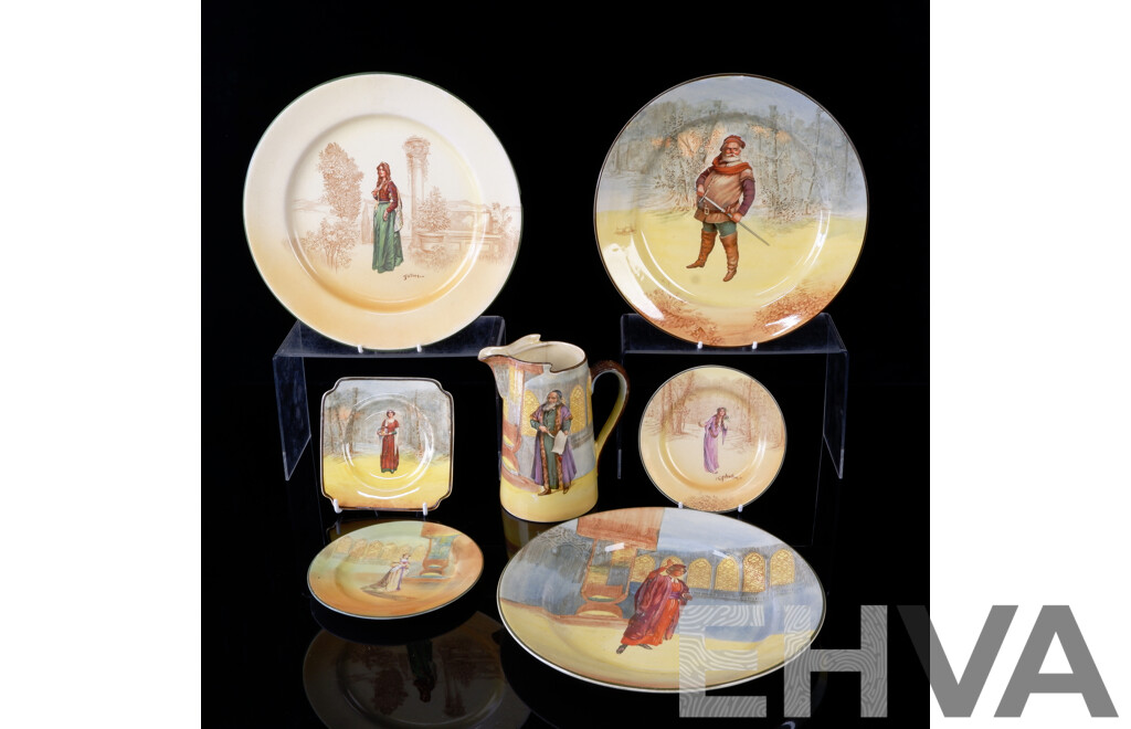 Collection Seven Antique Royal Doulton Porcelain Shakespeare Series Pieces Including Shylock Jug, Mains Plate Examples Portia, Falstaff, Juliet, Small Plates Anne Page, Ophelia & Katharine