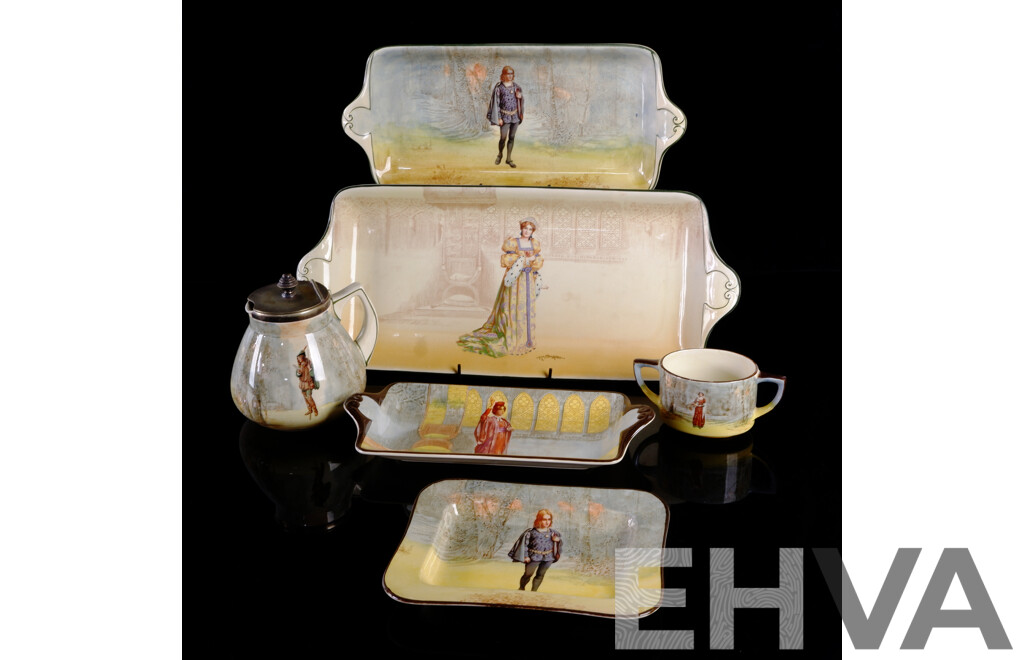 Nice Collection Six Antique Royal Doulton Porcelain Shakespeare Series Pieces Comprising Large Katharine Platter, Hamlet Platter, Portia Platter, Hamlet Rectangle Plate, Rosalind Lidded Creamer & Anne Page Sugar Dish