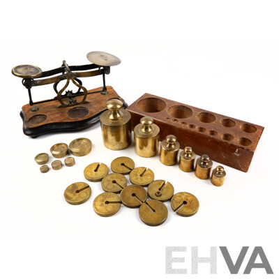 Vintage Brass Postage Scales with Good Selection of Metric and Imperial Weights Including Cussons of Manchester