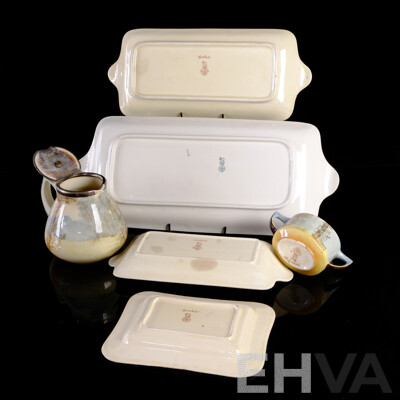 Nice Collection Six Antique Royal Doulton Porcelain Shakespeare Series Pieces Comprising Large Katharine Platter, Hamlet Platter, Portia Platter, Hamlet Rectangle Plate, Rosalind Lidded Creamer & Anne Page Sugar Dish