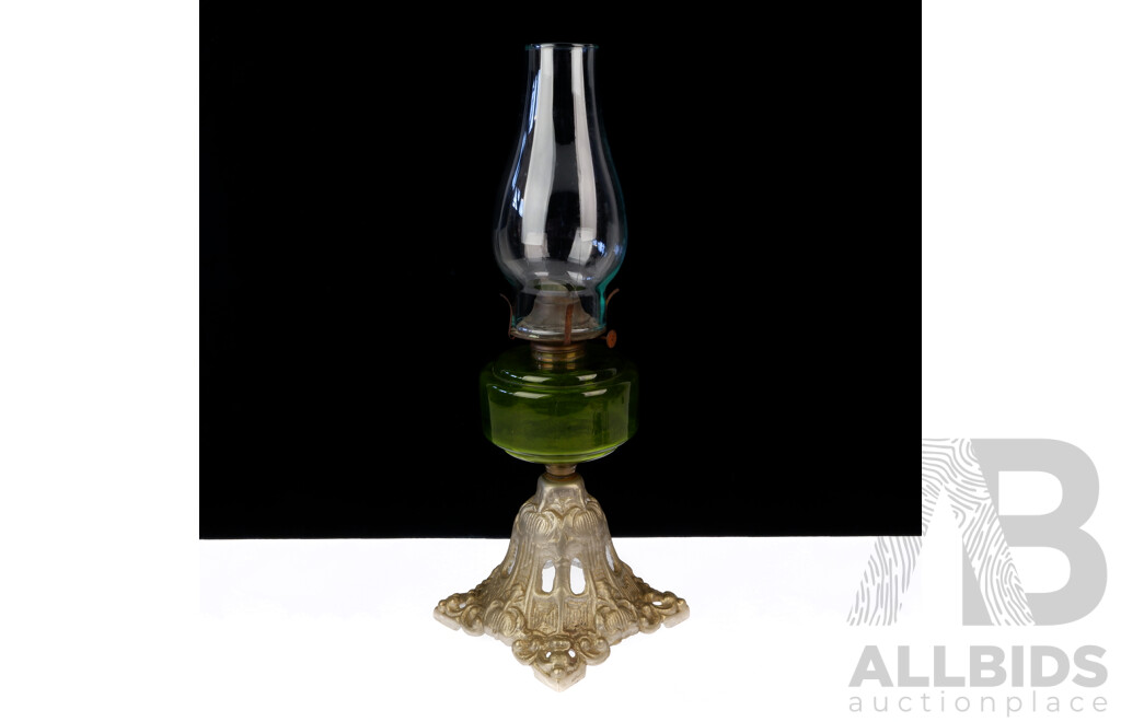 Antique  Oil Lamp with Ornate Cast Iron Stem, Green Glass Font, with Glass Chimney