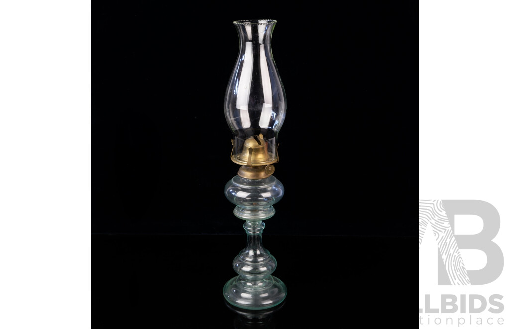 Antique American Oil Lamp with Clear Glass Stem & Font, with Glass Chimney with Ruffled Rim