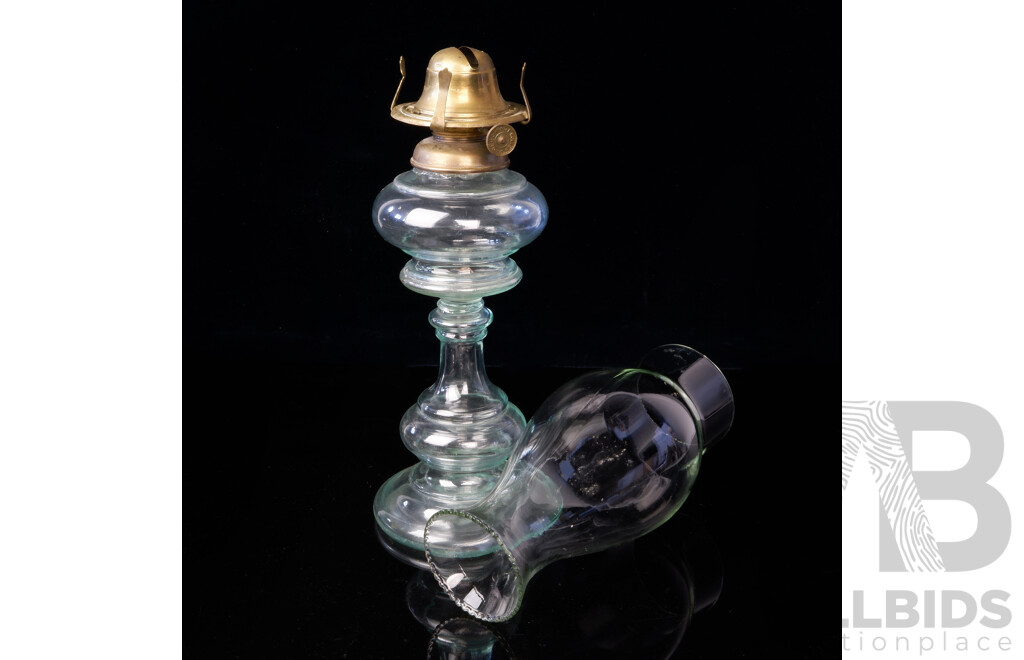 Antique American Oil Lamp with Clear Glass Stem & Font, with Glass Chimney with Ruffled Rim