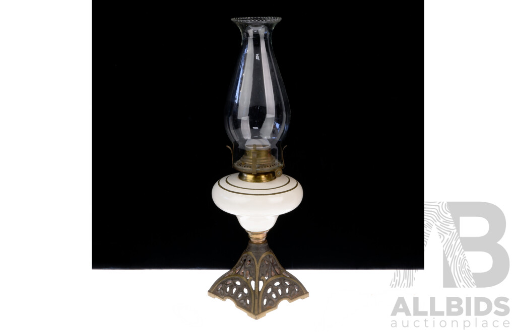 Antique Sun B Oil Lamp of Smaller Proportions with Ornate Cast Iron Base, Glass Font, with Glass Chimney with Ruffled Rim