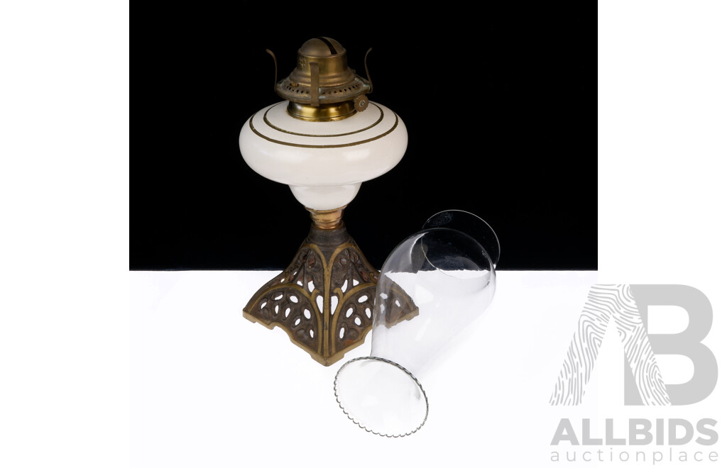 Antique Sun B Oil Lamp of Smaller Proportions with Ornate Cast Iron Base, Glass Font, with Glass Chimney with Ruffled Rim