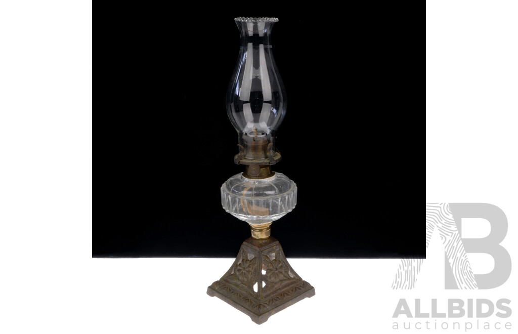 Antique Oil Lamp of Smaller Proportions with Ornate Cast Iron Base, Glass Font, with Glass Chimney with Ruffled Rim