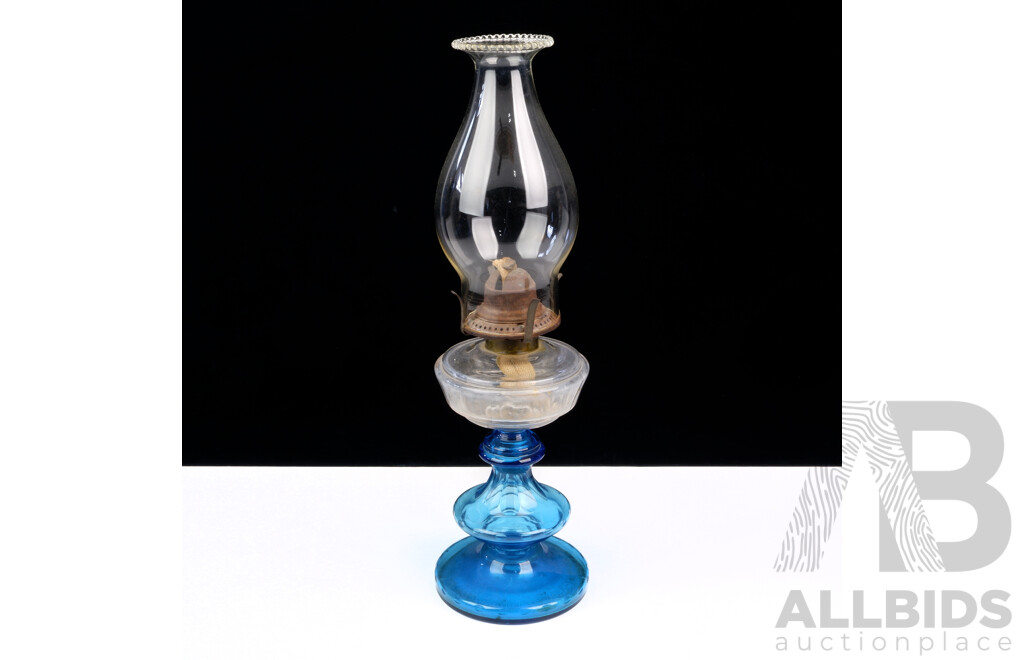 Antique Oil Lamp of Smaller Proportions with Blue Glass Base, Glass Font, with Glass Chimney with Ruffled Rim