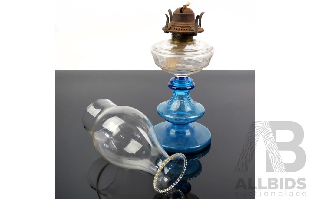 Antique Oil Lamp of Smaller Proportions with Blue Glass Base, Glass Font, with Glass Chimney with Ruffled Rim