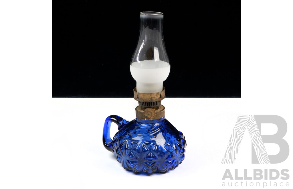 Antique Oil Lamp of Diminutive Size with Blue Glass Font and Glass Flue